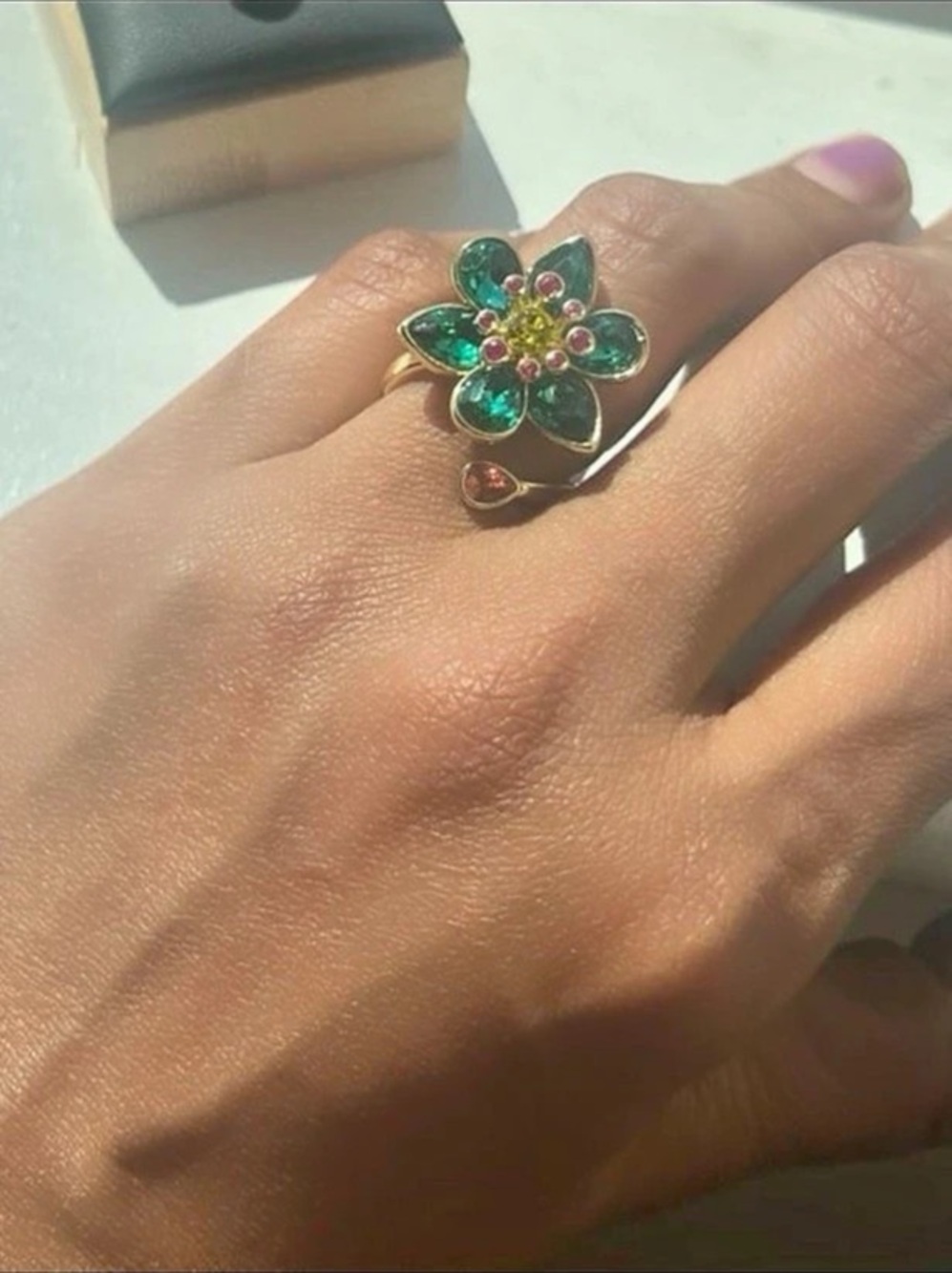Gorgeous gold plated 3d dark green Swarovski elements adjustable ring #538